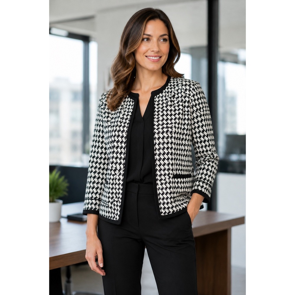 White House Black Market Houndstooth Blazer Black White Cropped 3/4 Sleeve 14